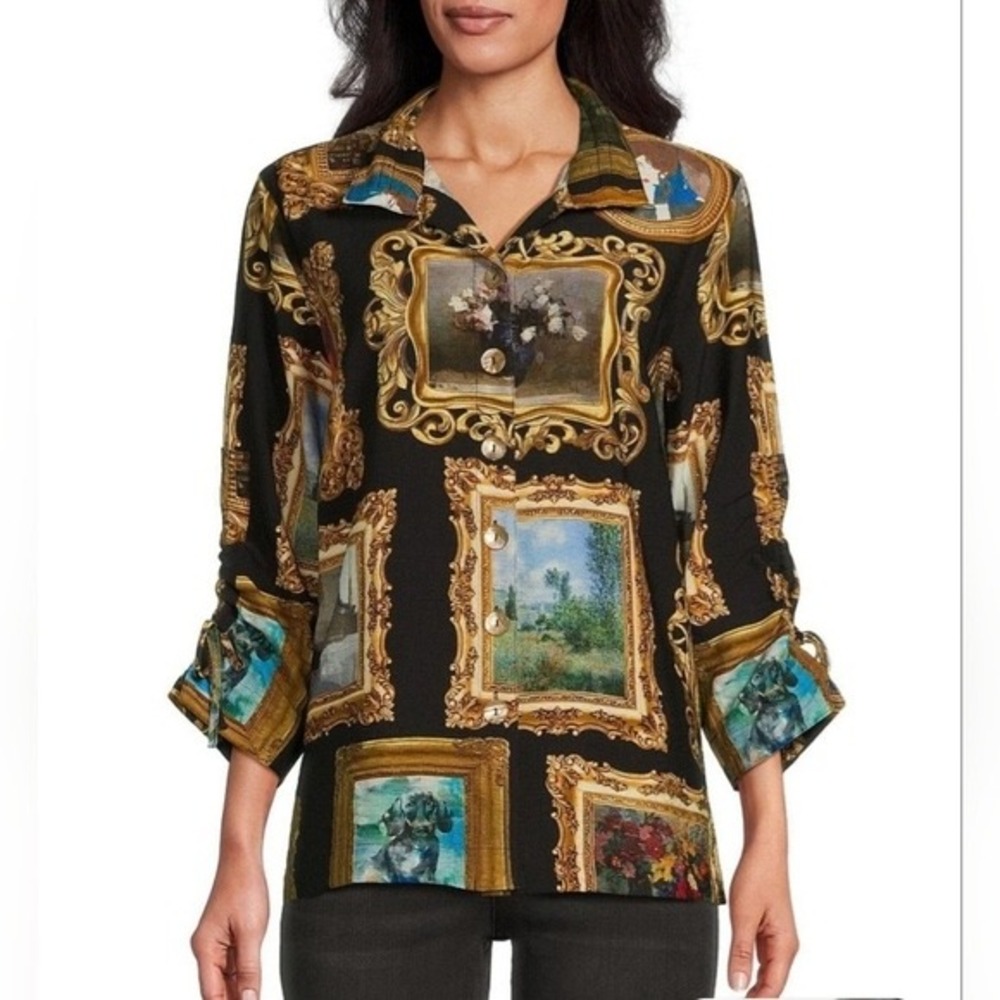 NEW John Mark Women Button Front Top Medium Art Portrait Framed Maximalist Lagen